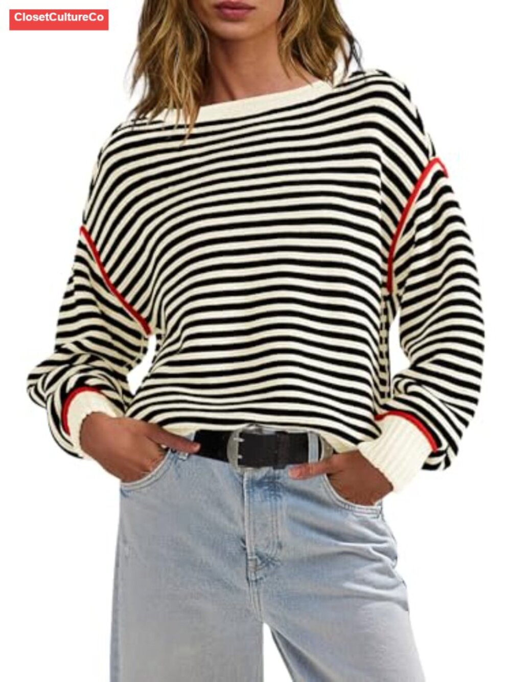 Striped Oversized Boat Neck Pullover Sweater Cable Knit Tunic
